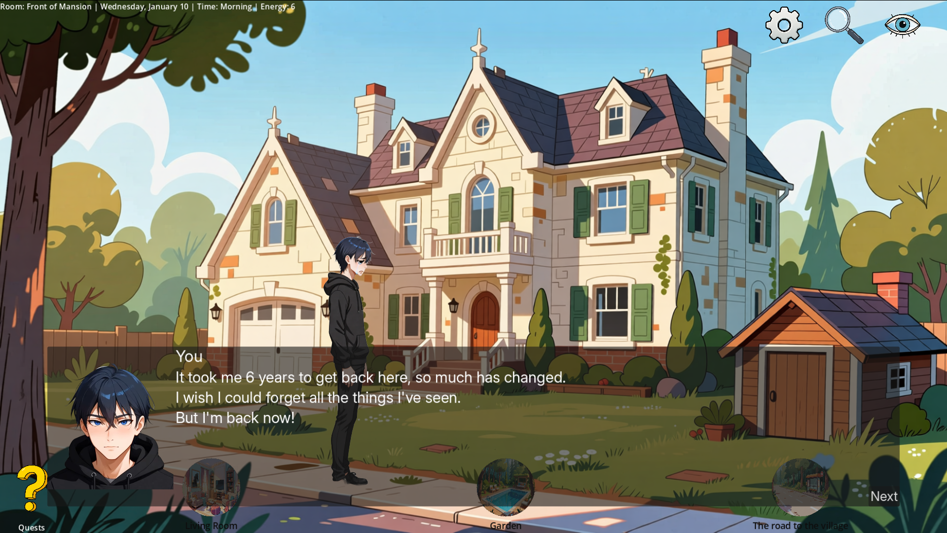The protagonist standing in front of a sunlit cartoon mansion with a dialogue box reading 'It took me 6 years to get back here, so much has changed.'