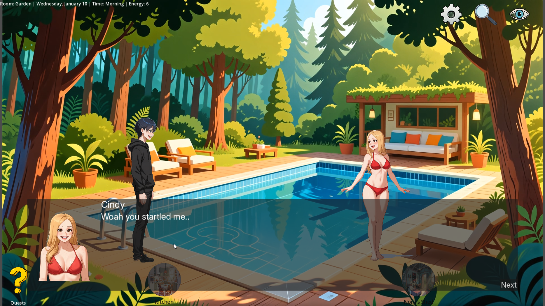 A poolside garden scene where Cindy in a red bikini greets the protagonist with the line 'Woah you startled me..'