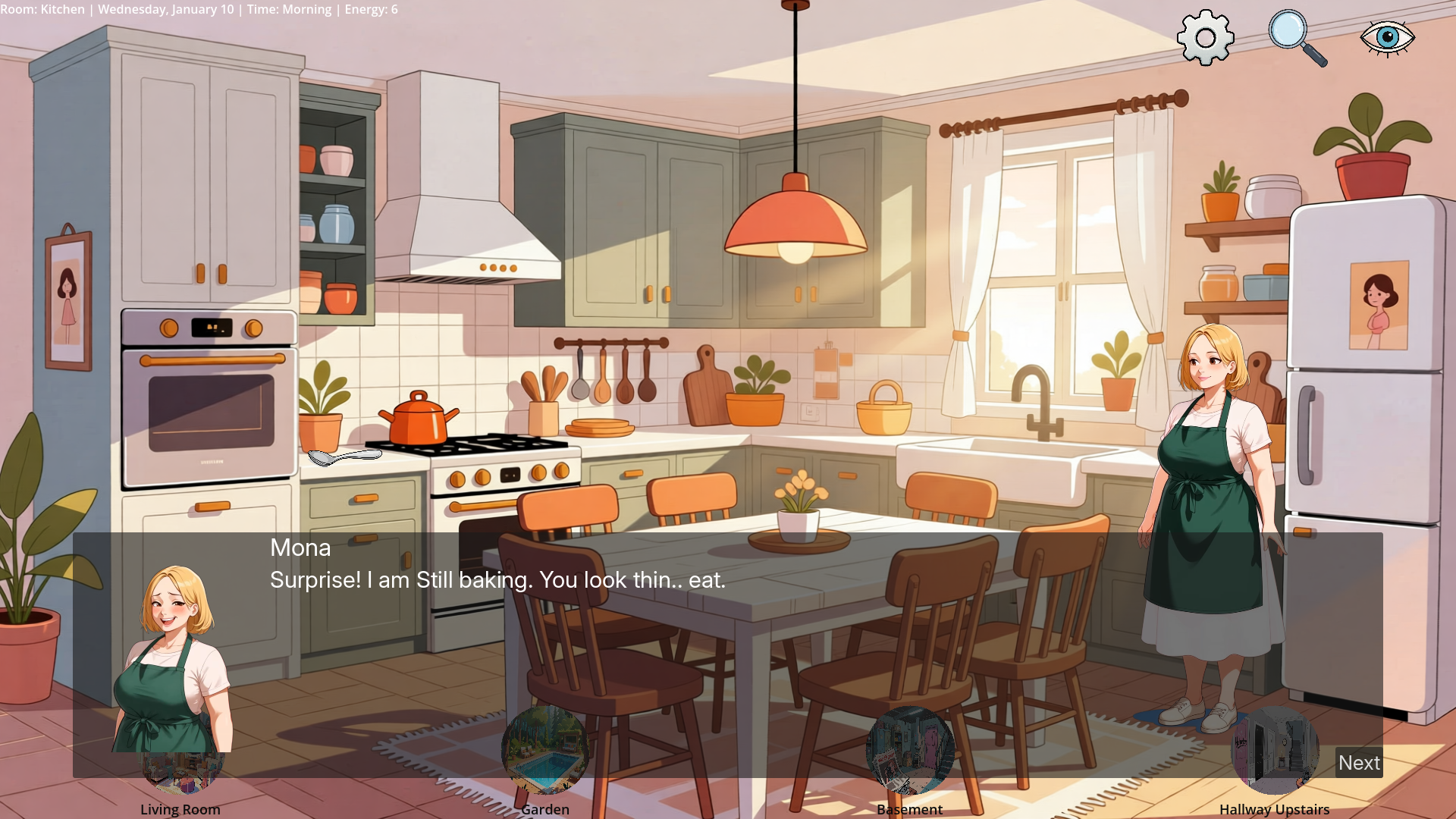 Mona in a sage green apron stands in a warm sunlit kitchen, saying 'Surprise! Still baking. You look thin, eat.'