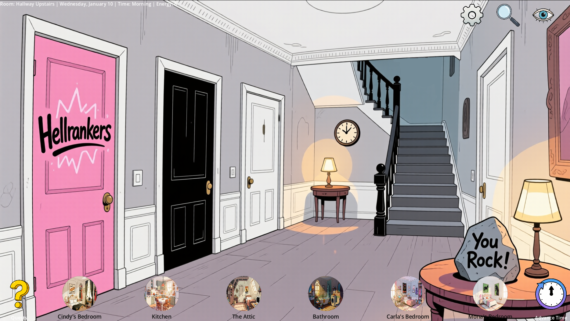 An upstairs hallway with a bright pink door labelled 'Hellrankers' alongside other doors leading to bedrooms, the kitchen, the attic, and the bathroom