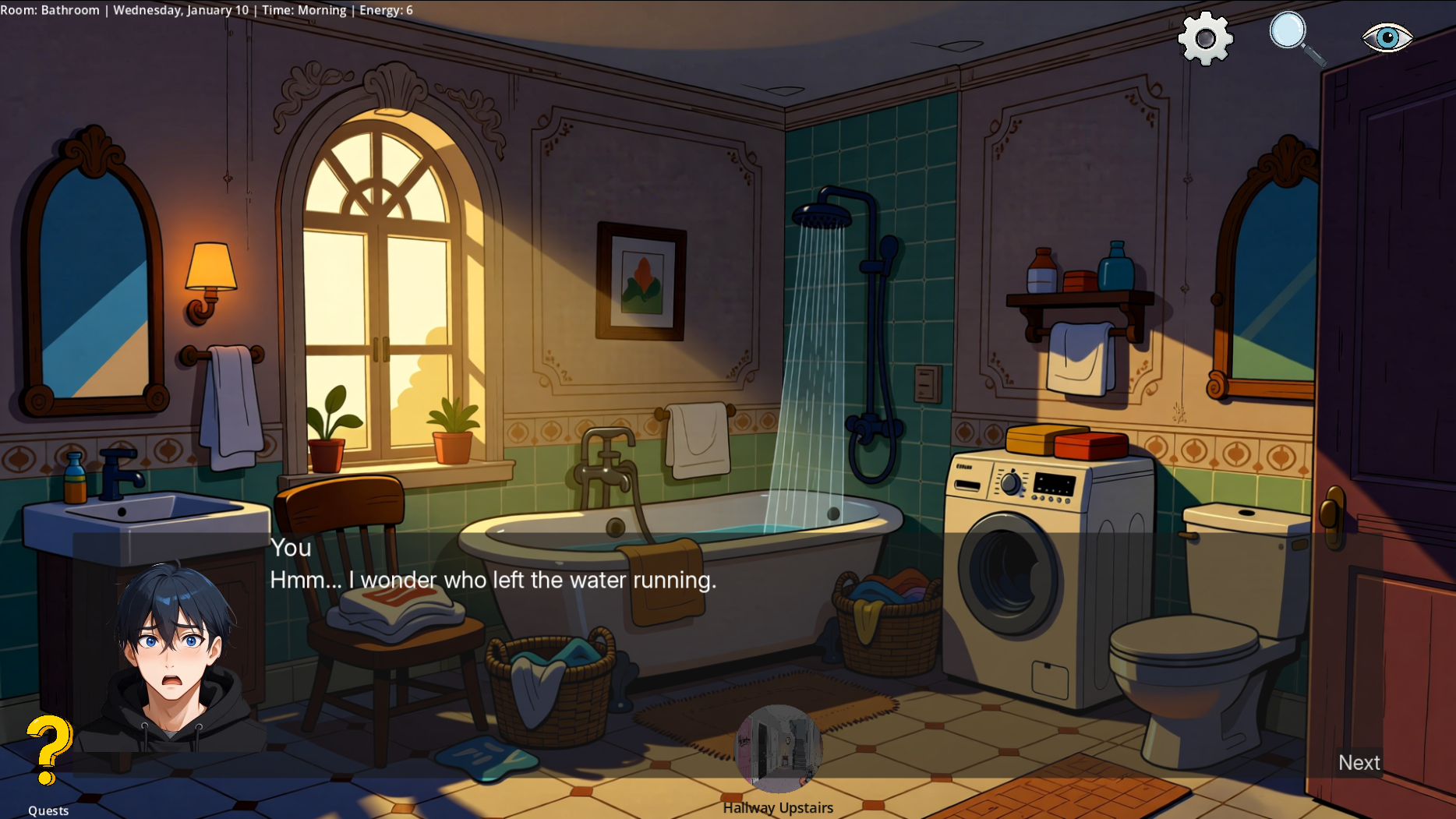 The protagonist enters a tiled bathroom where a shower is running with no one visible inside, golden window light spilling across the floor