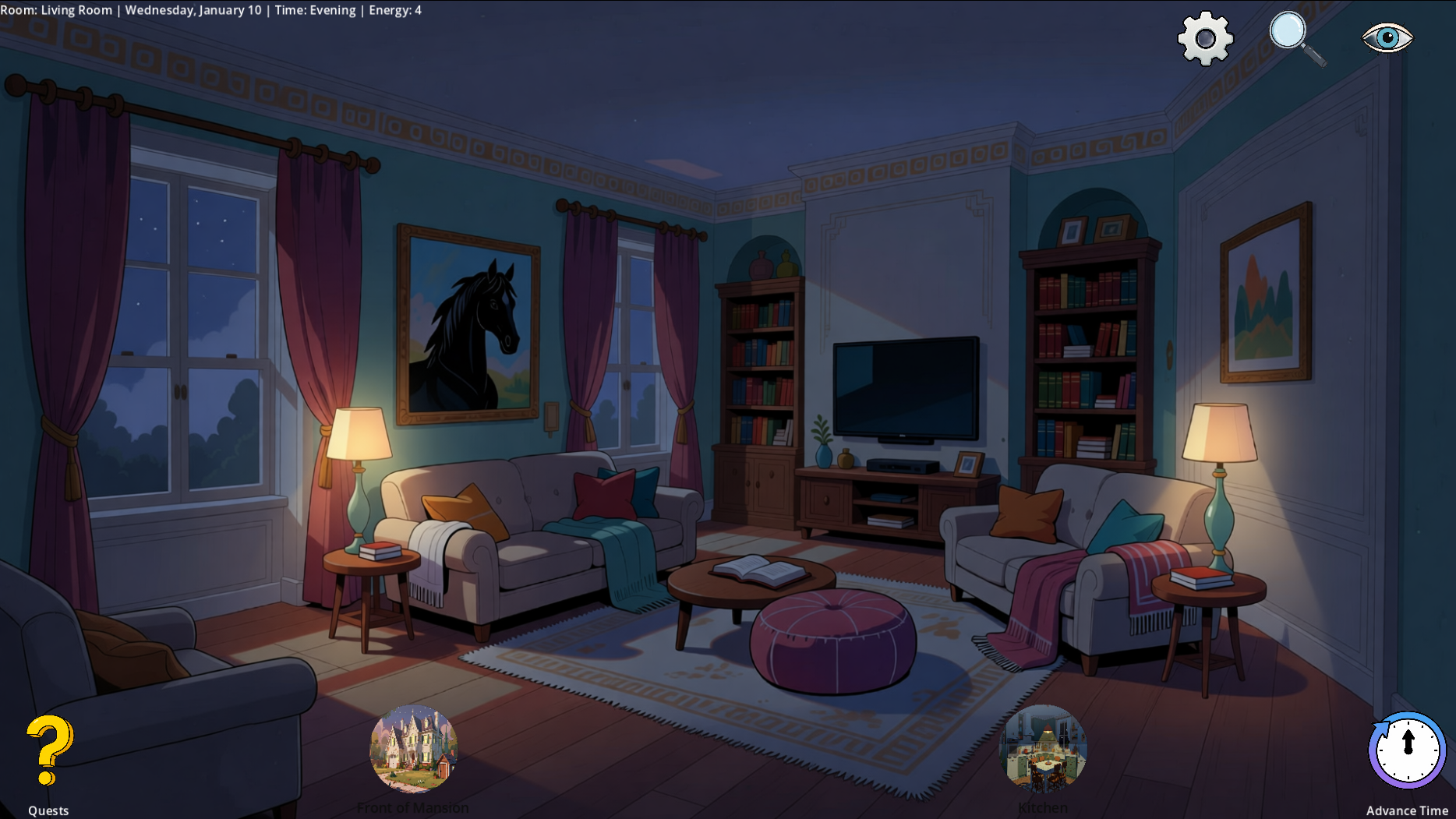A dimly lit living room at evening with two sofas, a pink ottoman, lit lamps, a dark horse painting on the wall, and a TV between bookshelves